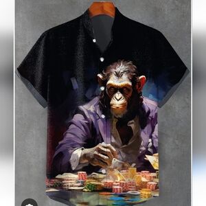 Mens Big & Tall Short Sleeve Button Down Shirt With Monkey In Casino